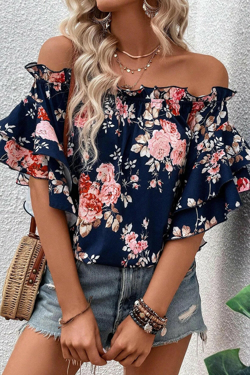 Ruffle Off Shoulder Floral Blouse