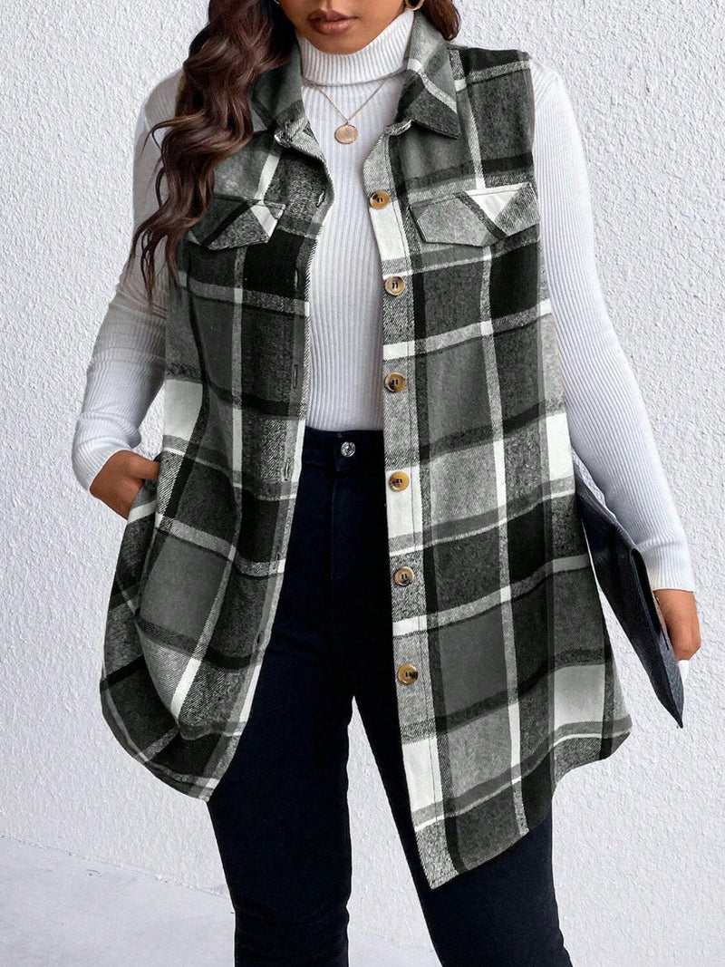 Pocketed Plaid Button Up Vest Plus Size