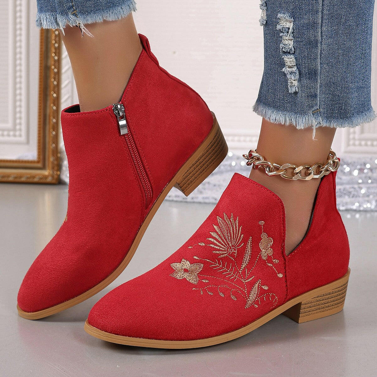 Embroidered Suede Booties