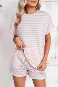 Pink Striped Top and Pocket Shorts Set