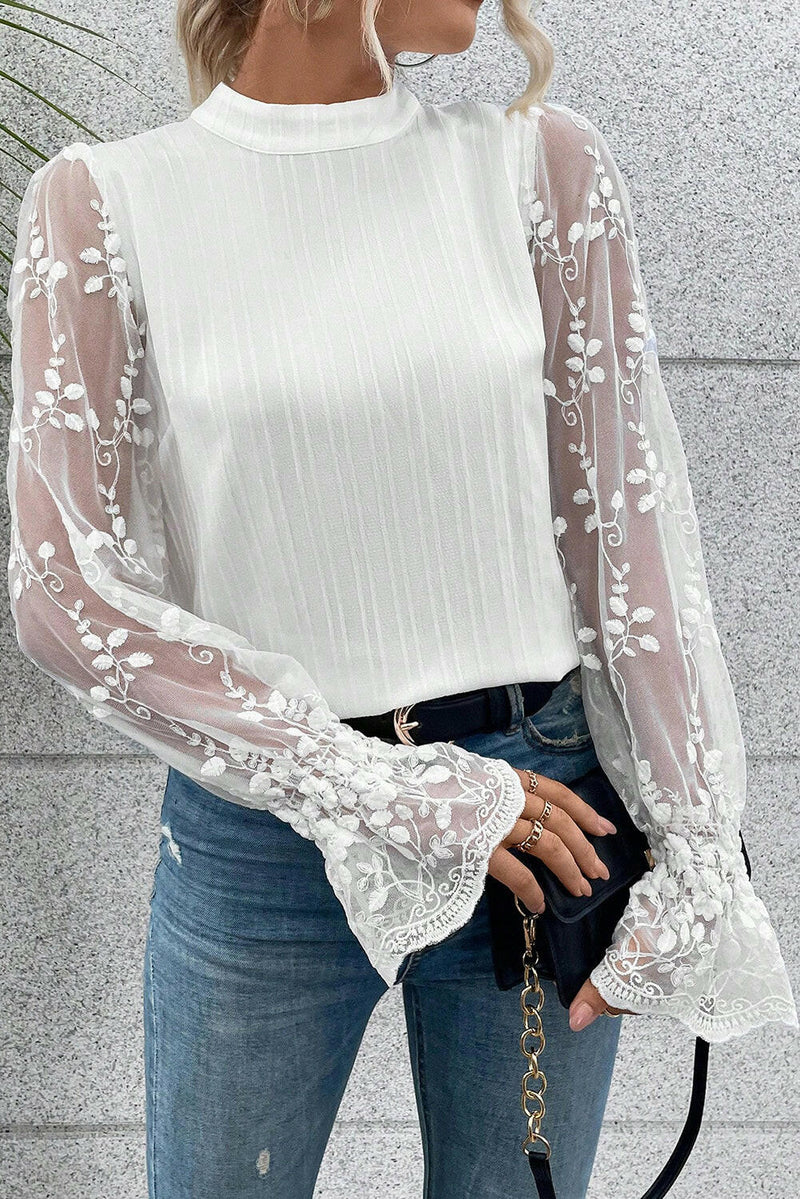 Lace Sleeve Mock Neck Blouse