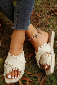 Beige Tassel Woven Sandals