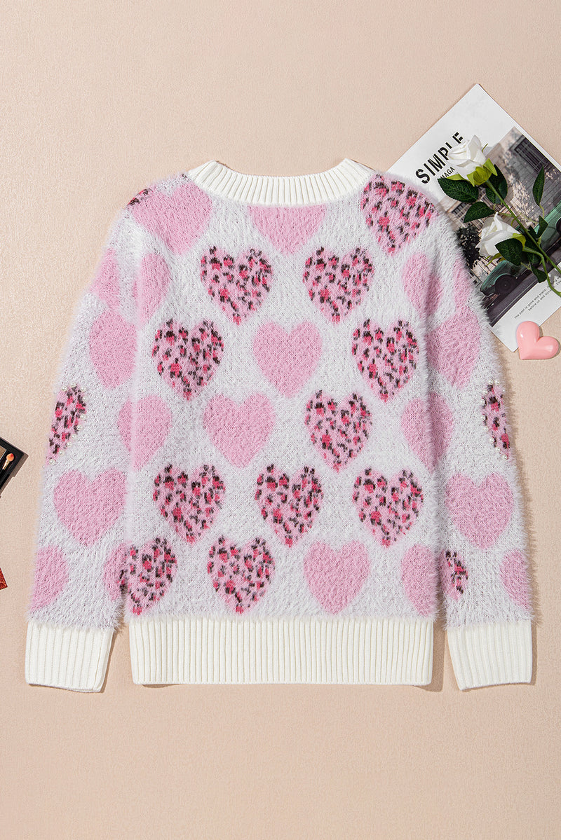 Pink Heart Leopard Print Pearled Ribbed Trim Fuzzy Sweater