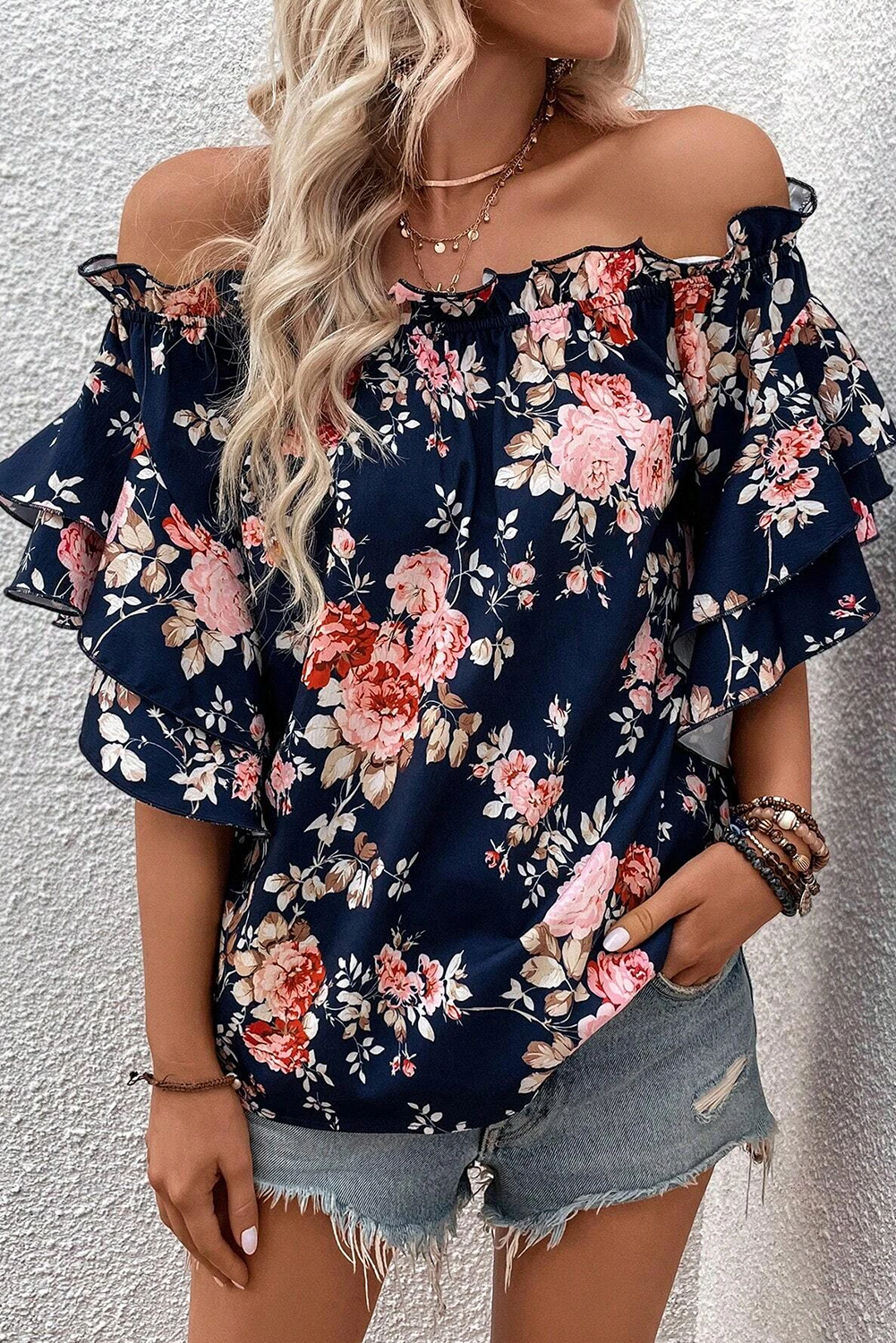 Ruffle Off Shoulder Floral Blouse