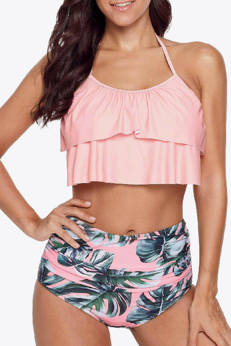 Halter Neck Botanical Print Swimwear Set