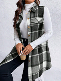 Pocketed Plaid Button Up Vest Plus Size