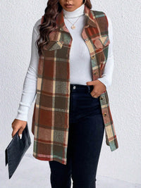 Pocketed Plaid Button Up Vest Plus Size