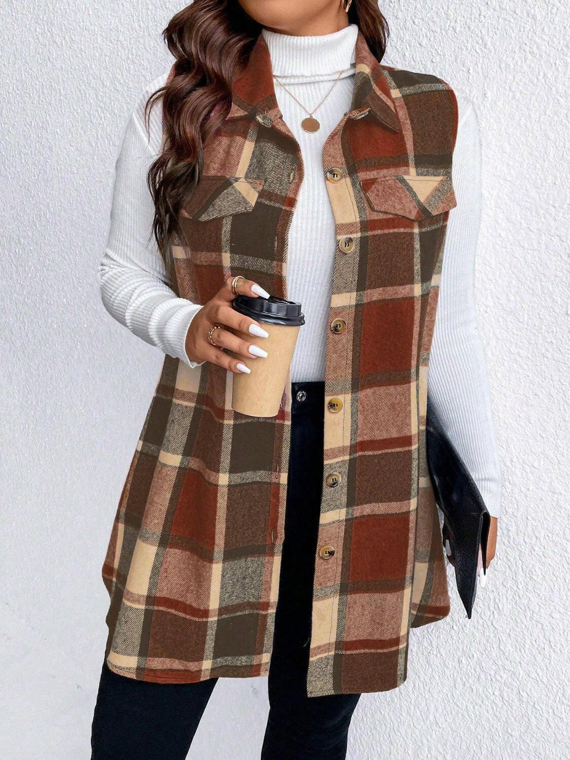 Pocketed Plaid Button Up Vest Plus Size