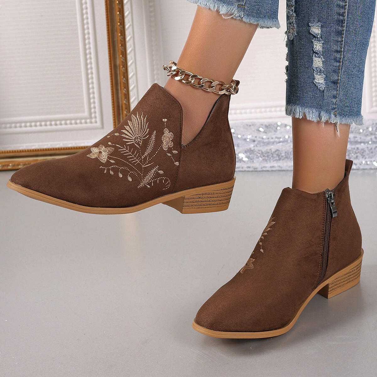 Embroidered Suede Booties