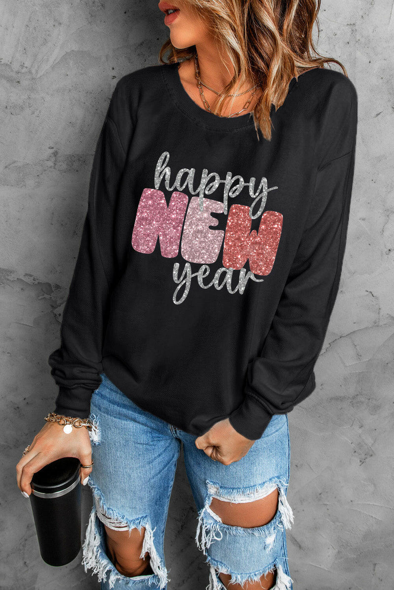 Black Sequin Happy New Year Graphic Sweatshirt