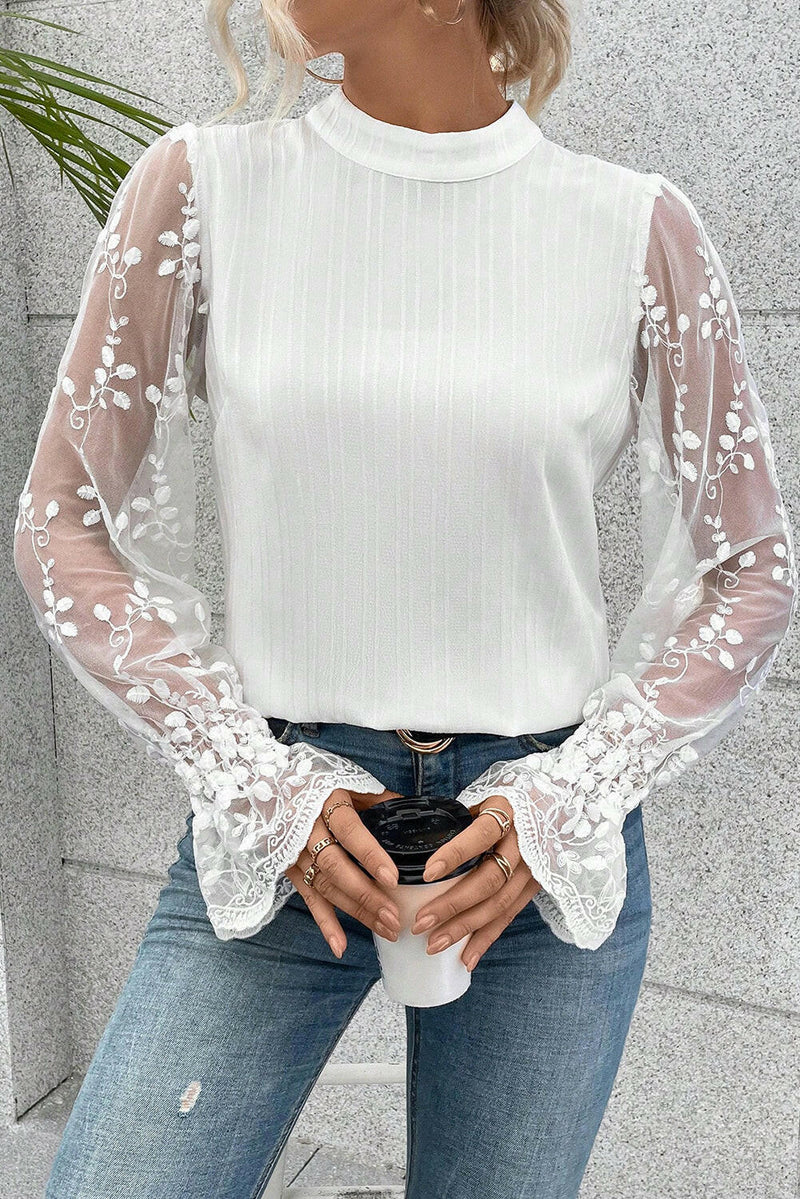 Lace Sleeve Mock Neck Blouse