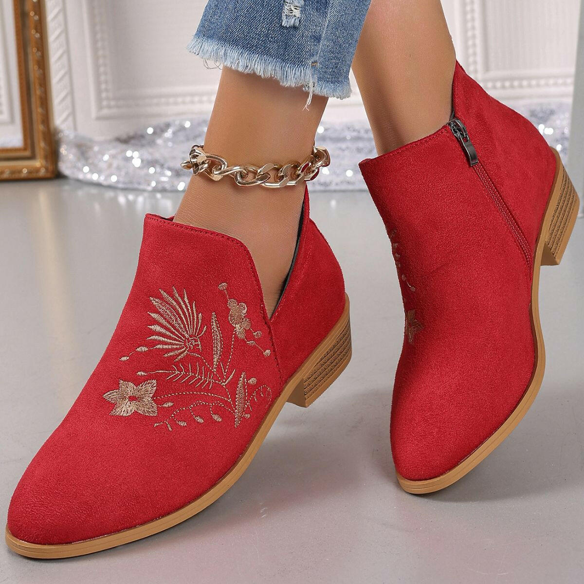 Embroidered Suede Booties