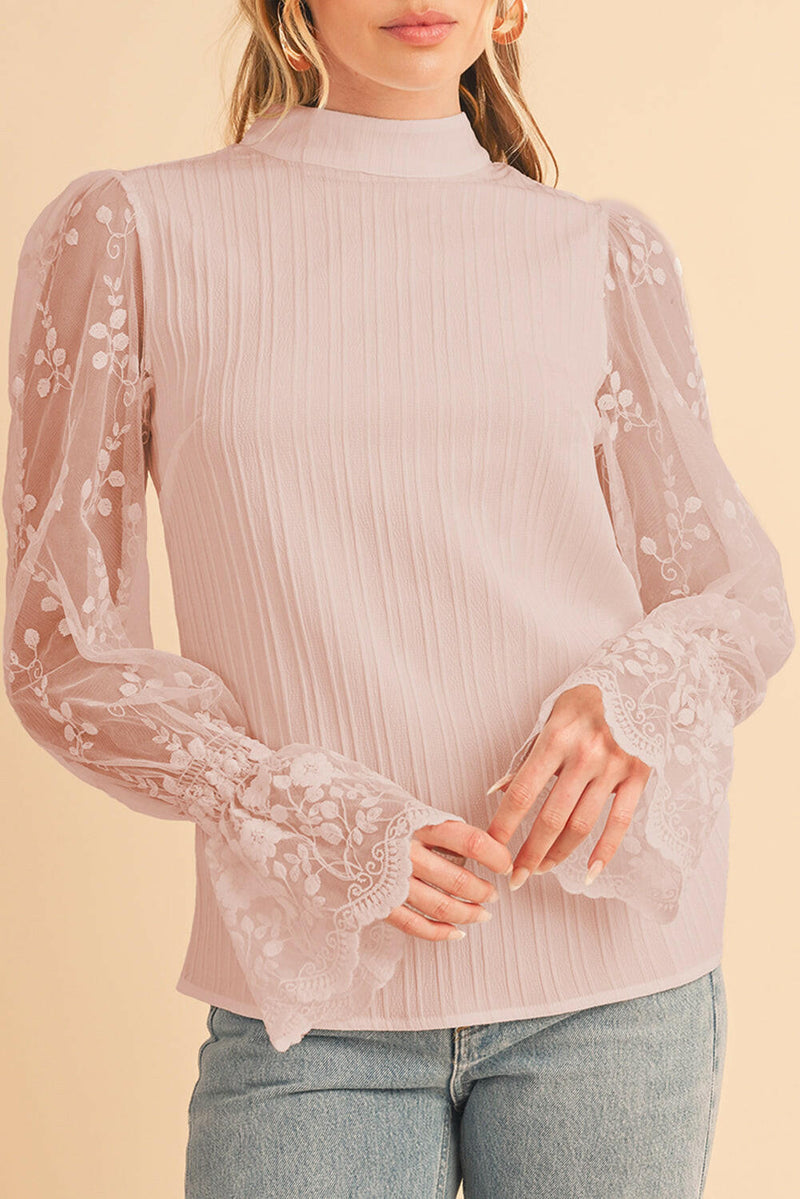 Lace Sleeve Mock Neck Blouse