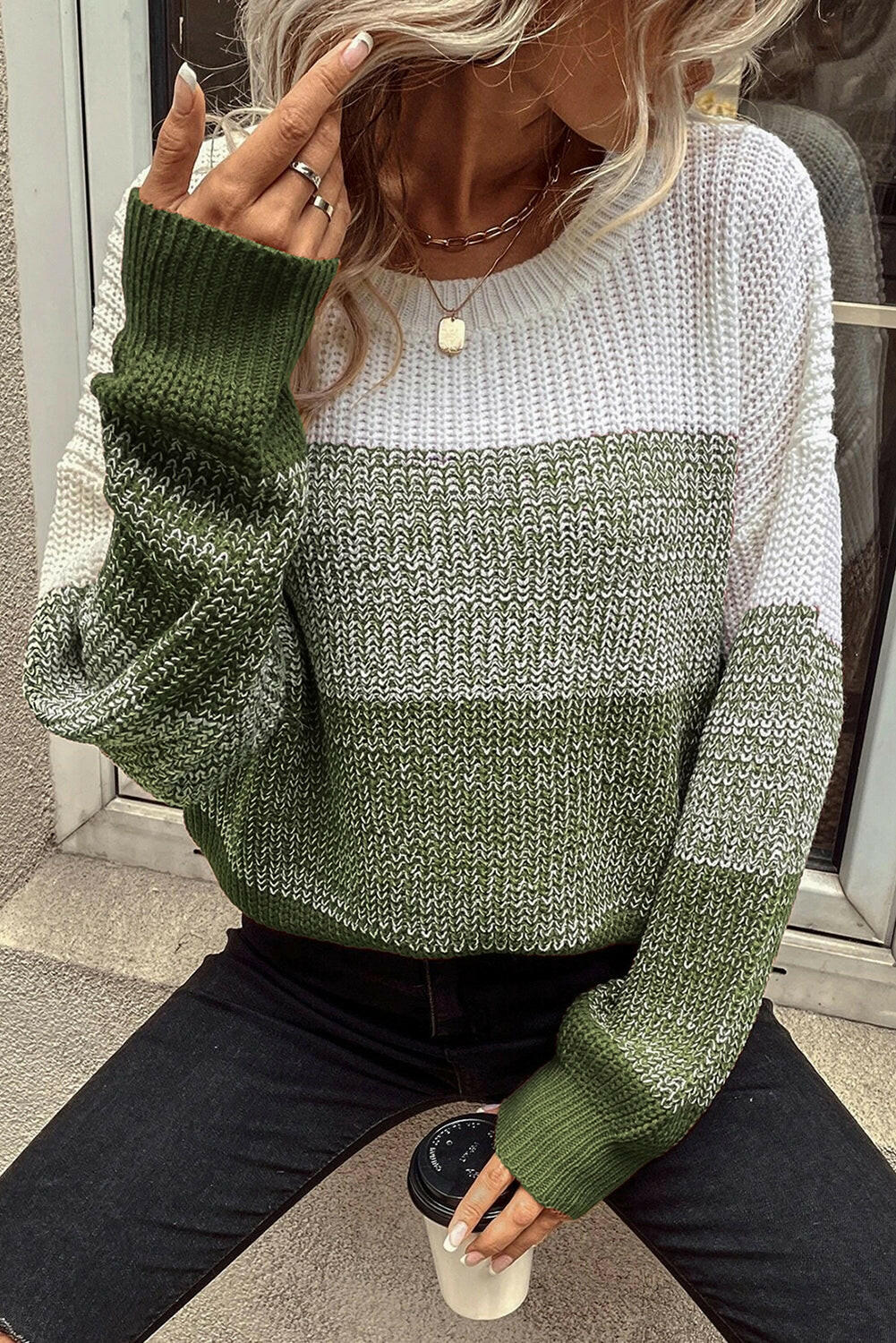 Color Block Drop Shoulder Ribbed Sweater