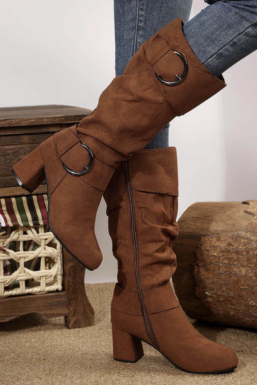 Suede Buckled Mid-calf Boots