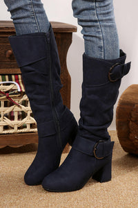 Suede Buckled Mid-calf Boots