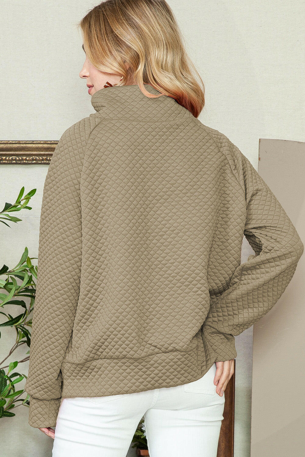 Quilted Buttoned Neck Sweater