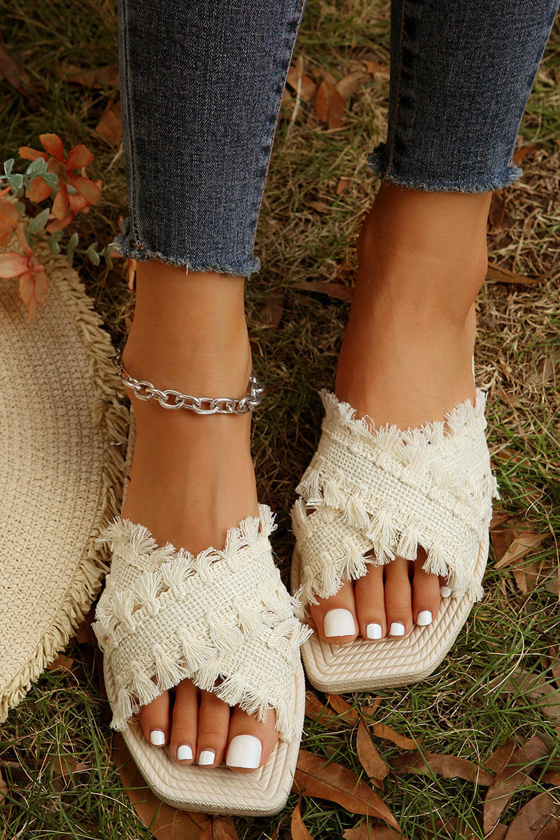 Beige Tassel Woven Sandals