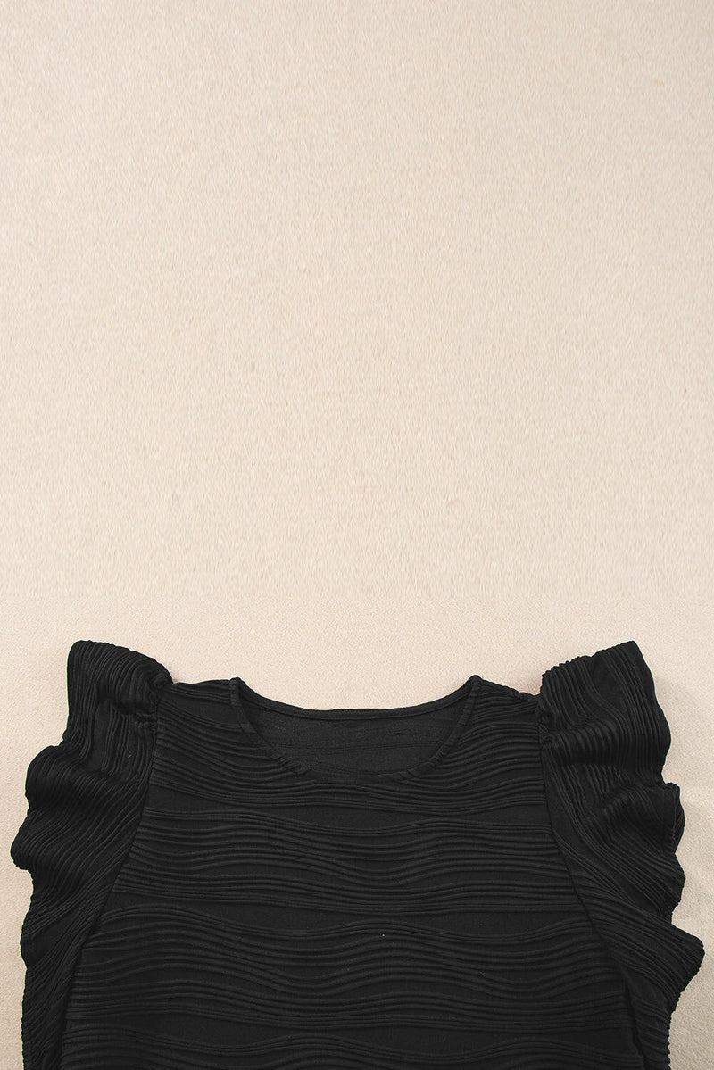 Black Plain Wavy Textured Ruffle Sleeve Blouse