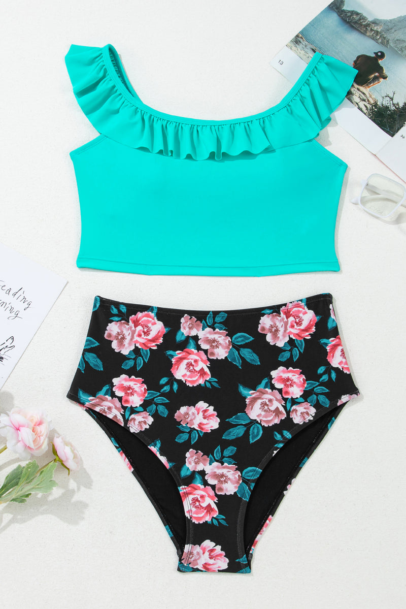 Ruffle Square Neck Floral Bikini Set