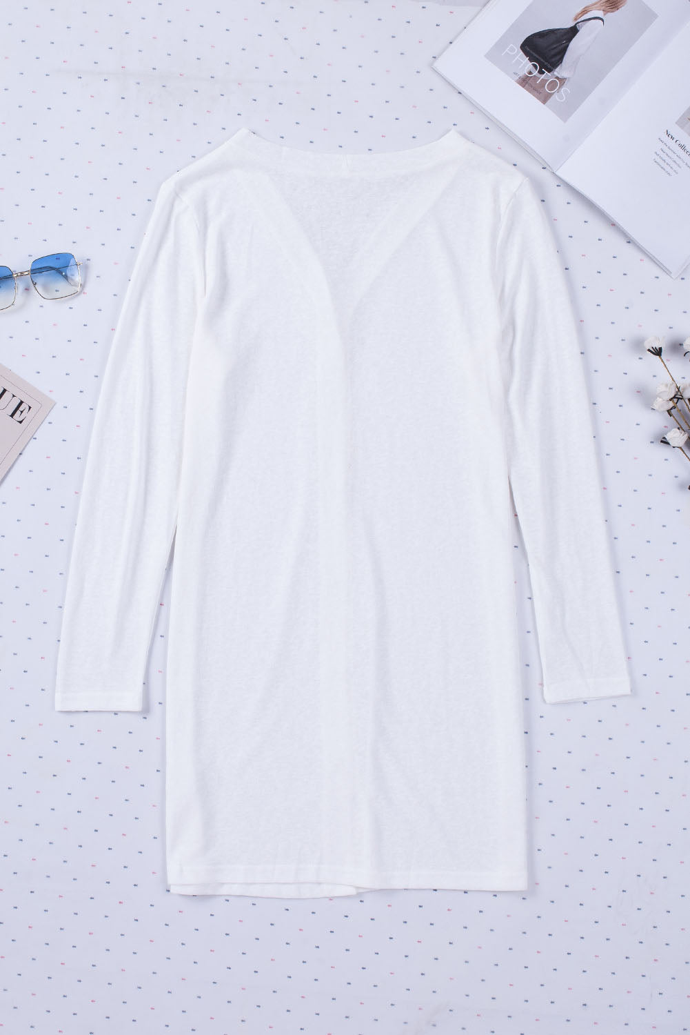 White Solid Button Up V Neck Long Cover Up