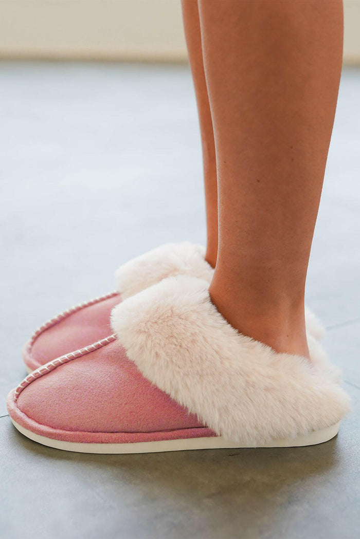 Pink Faux Suede Plush Slippers