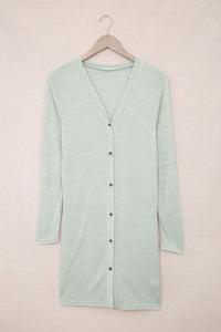 White Solid Button Up V Neck Long Cover Up