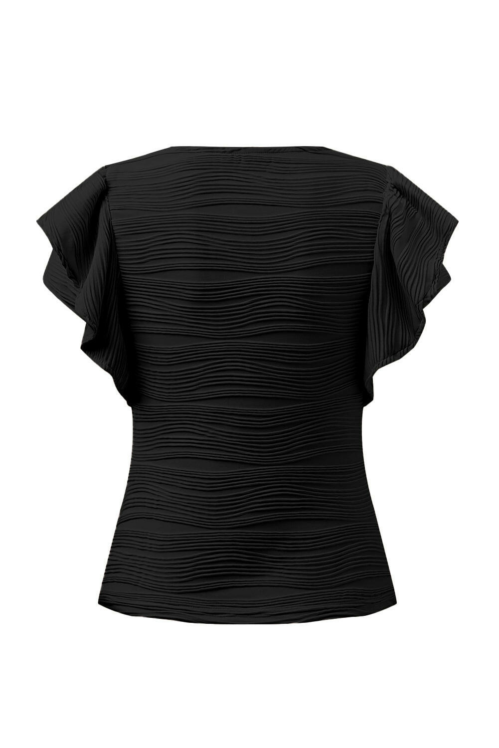 Black Plain Wavy Textured Ruffle Sleeve Blouse