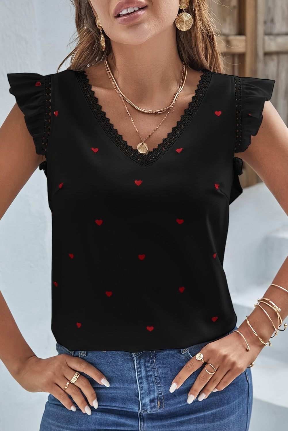 Heart Black V-neck Lace Top