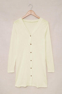 White Solid Button Up V Neck Long Cover Up