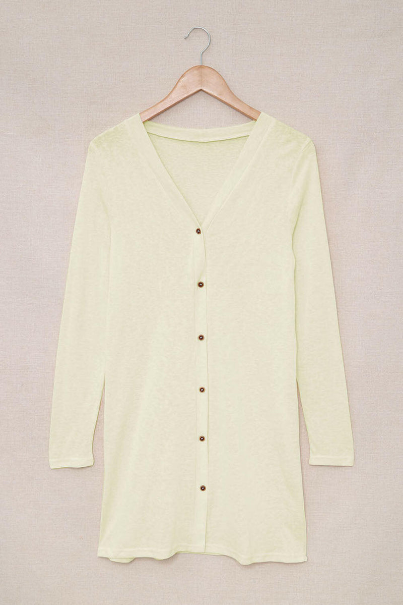 White Solid Button Up V Neck Long Cover Up