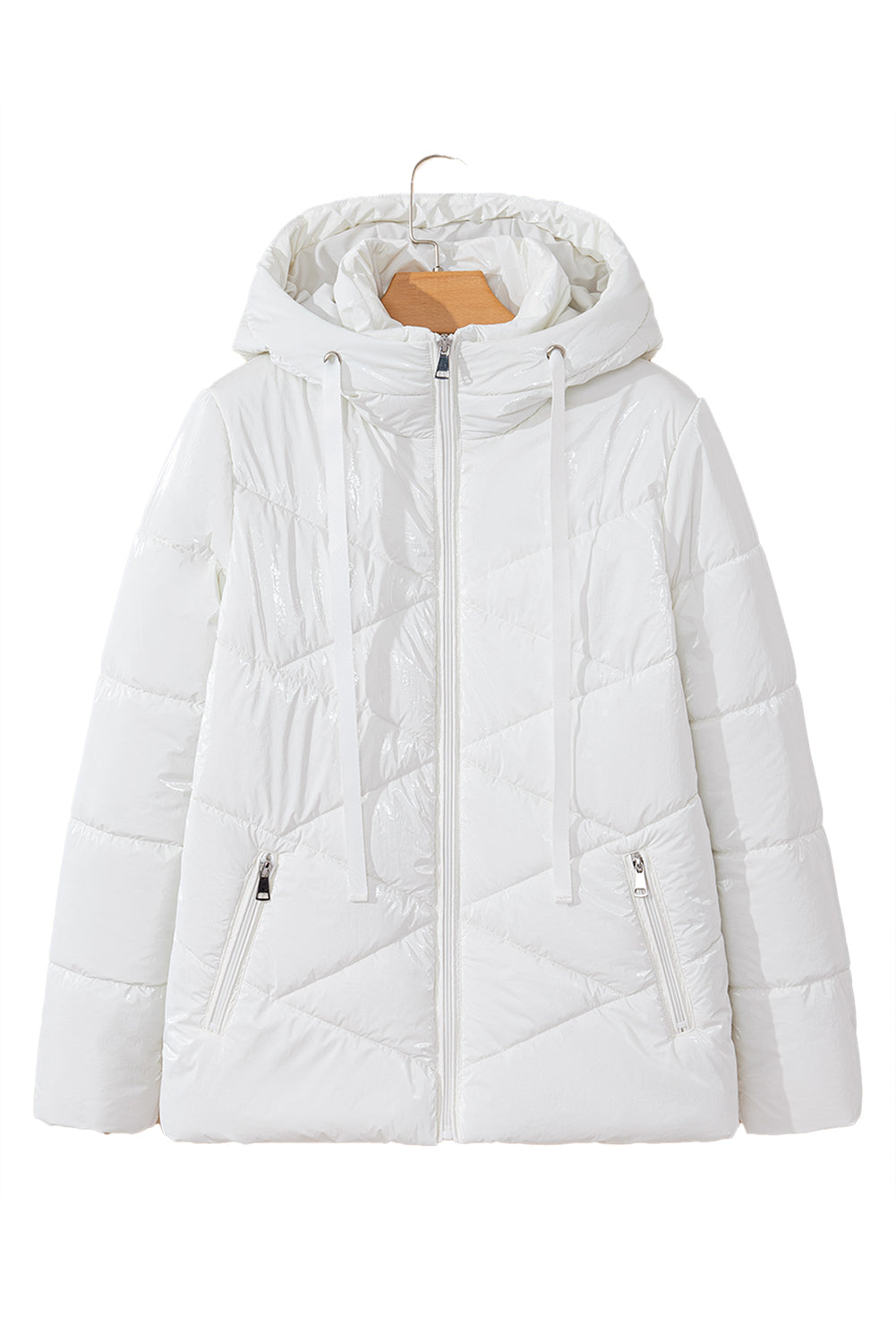 White Solid Quilted Hooded Zip Up Puffer Coat