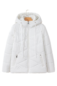 White Solid Quilted Hooded Zip Up Puffer Coat