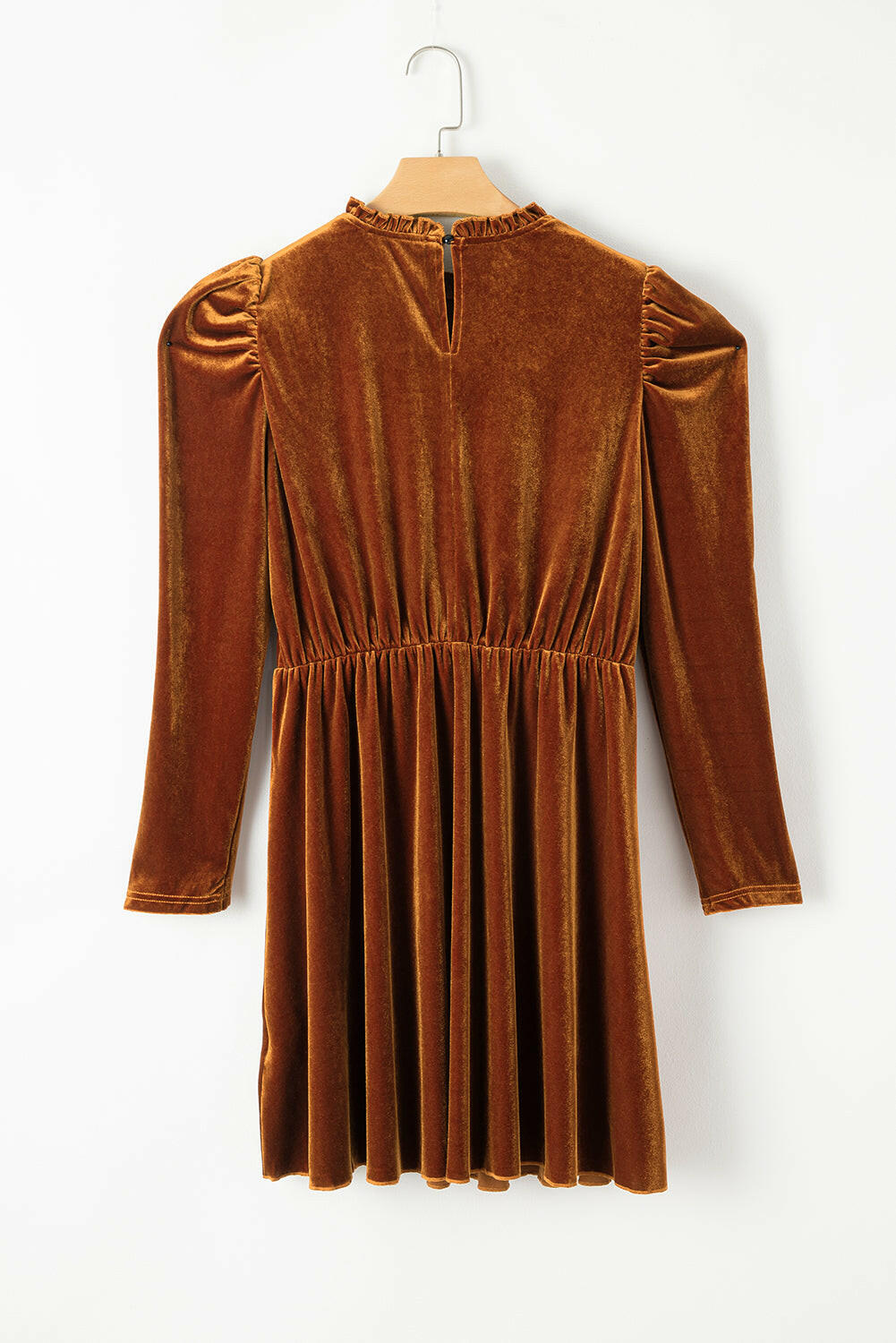 Chestnut Velvet Frilled Neck Gigot Sleeve Swing Dress