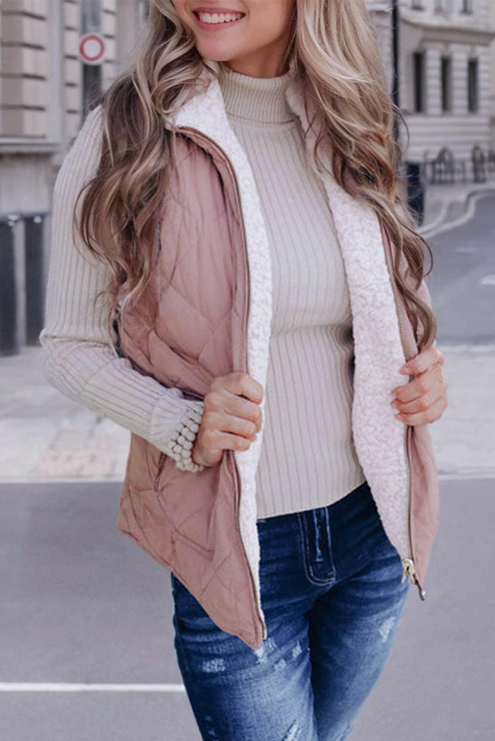 Pink Zip Up Sherpa Lined Quilted Vest