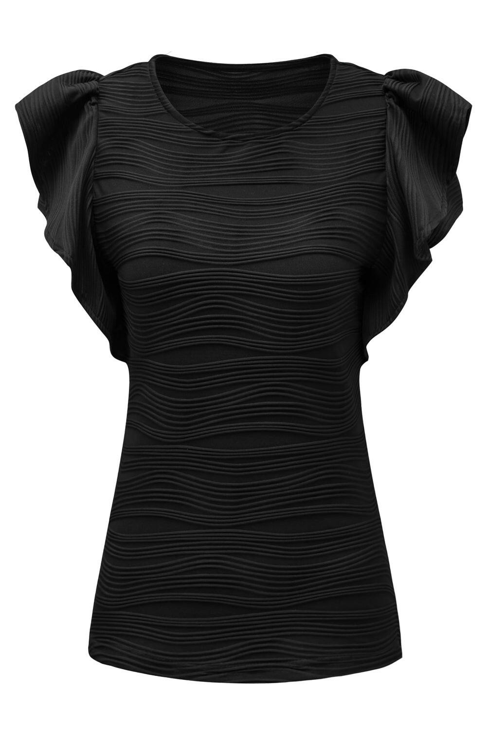 Black Plain Wavy Textured Ruffle Sleeve Blouse