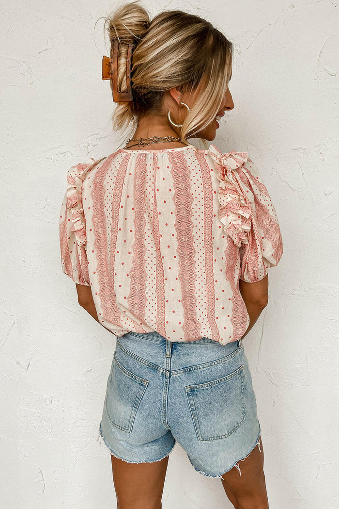 Puff Sleeve Mixed Print Blouse