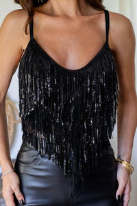 Black Sequin Tassel Crop Top