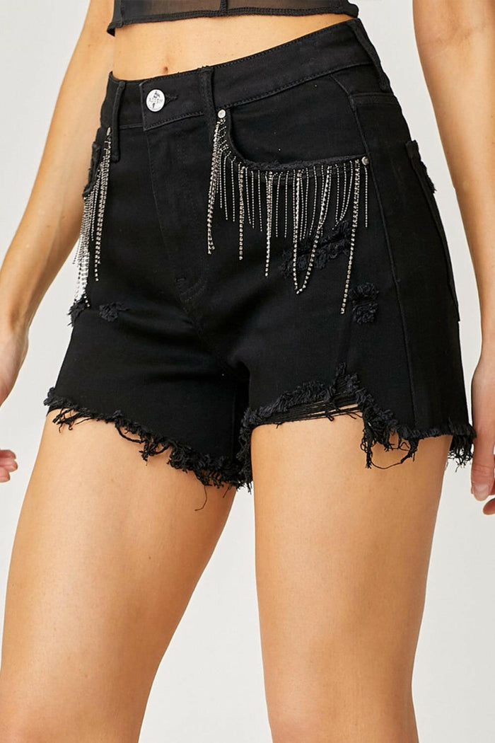 Frayed Hem Denim Shorts with Fringe Pockets