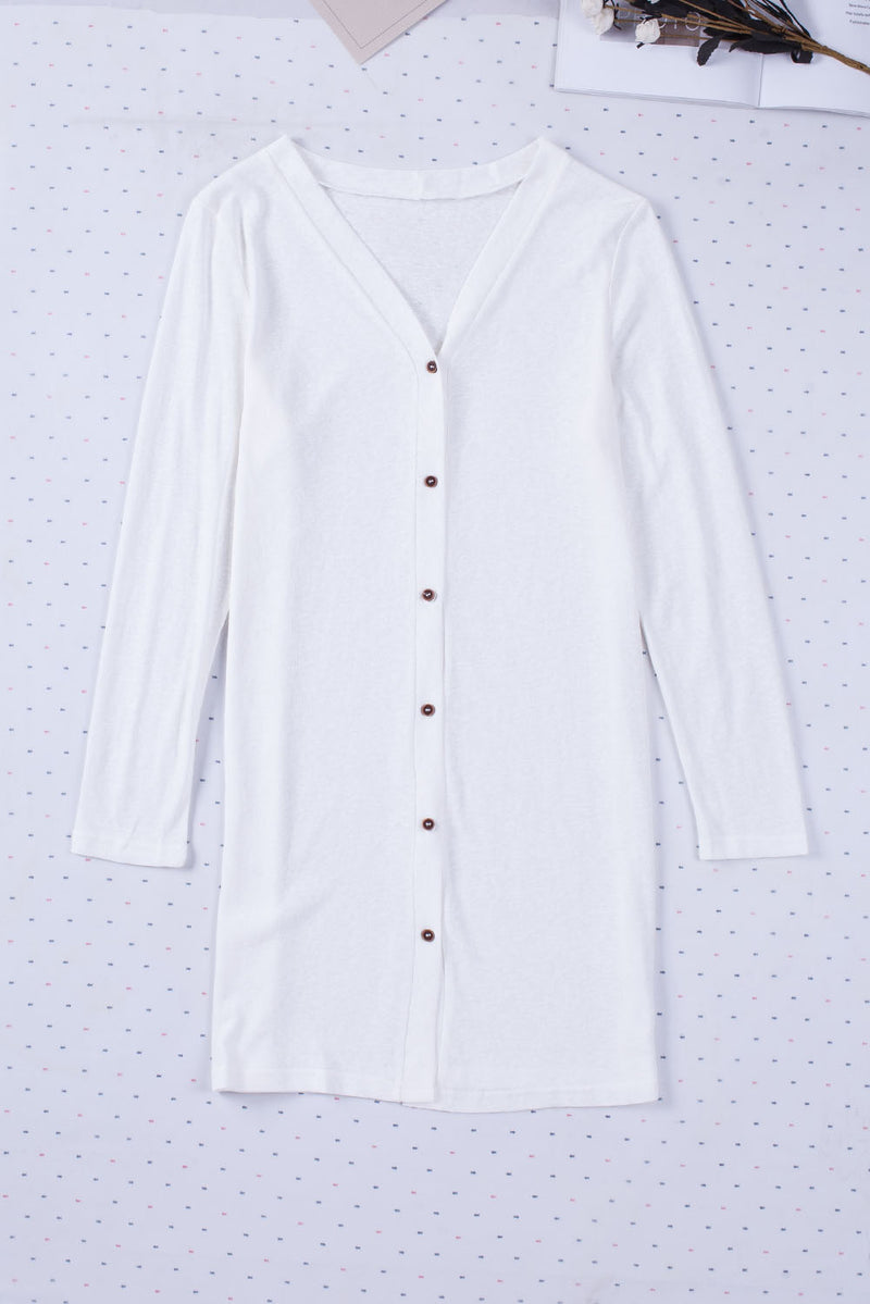 White Solid Button Up V Neck Long Cover Up